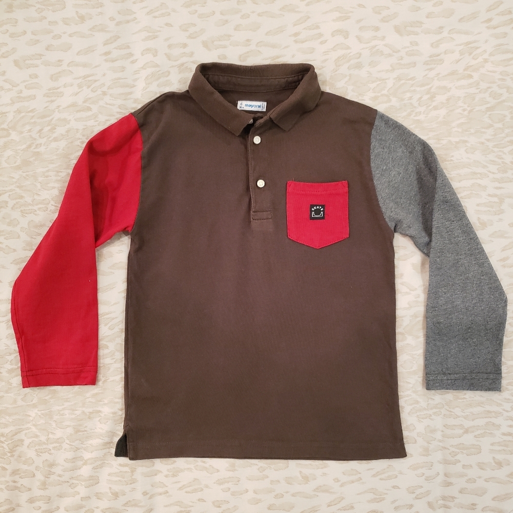 MAYORAL Olive Green, Red + Grey L/S Polo Sz 6